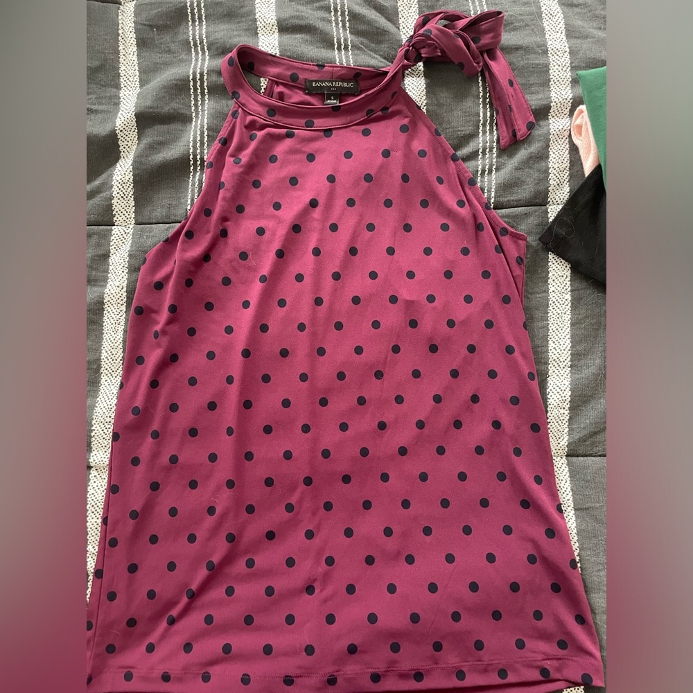 Maroon and navy polka dot top